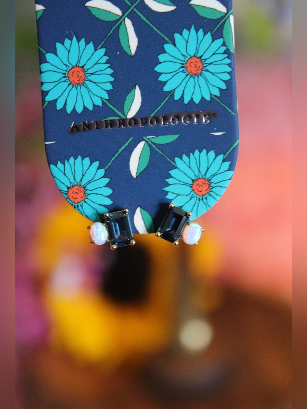 Anthropologie Navy Blue & Opal Gemstone Stud Earrings – NWT MSRP $38